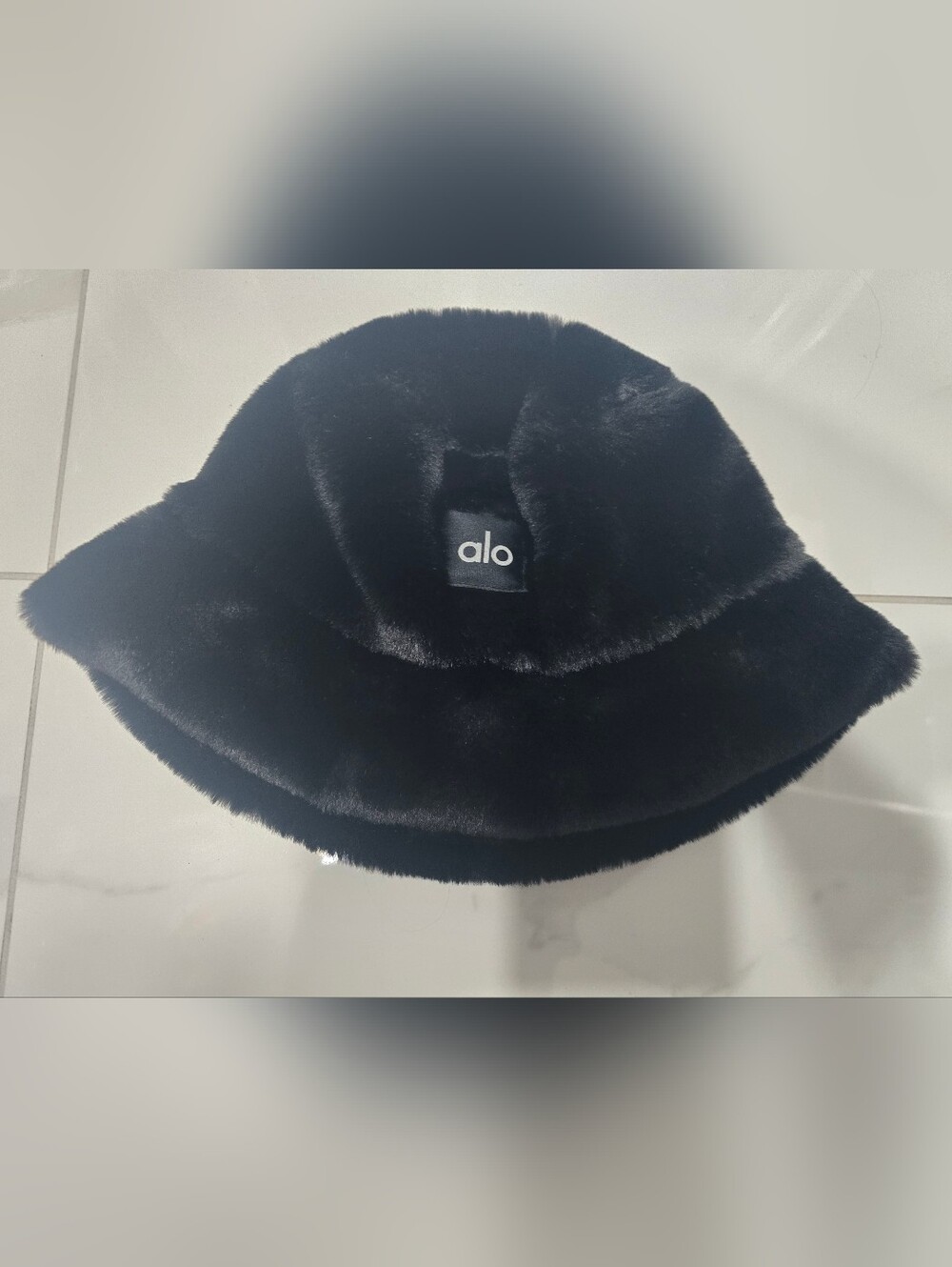 ALO Bucket Hat Black Faux Fur with Logo